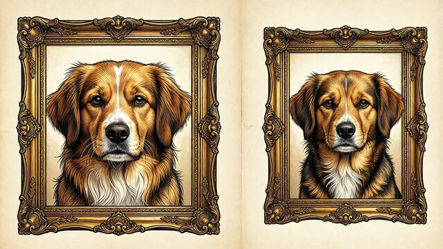 Two vintage ornate golden picture frames containing oil portraits of cute dogs.