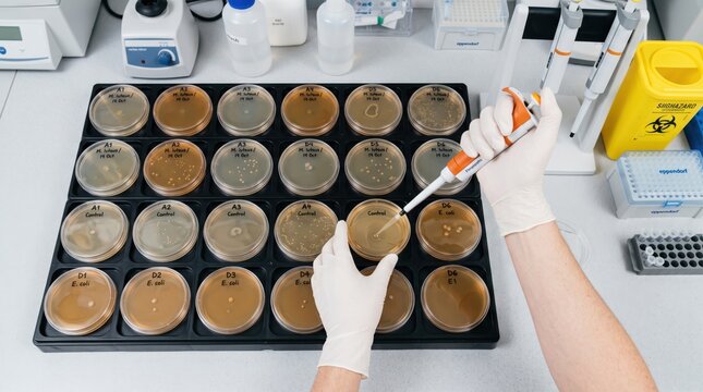 Laboratory technician working with petri dishes and pipette in modern microbiology research facility, scientist performing bacterial culture tests for medical analysis