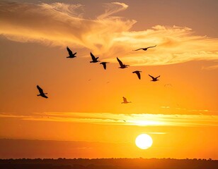 Fototapeta premium A flock of birds flies across the sky during a vibrant sunset.