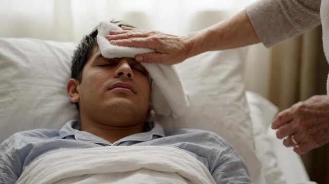 Elderly hand gently wiping forehead of man resting in bed with eyes closed showing care and support in indoor healthcare scene