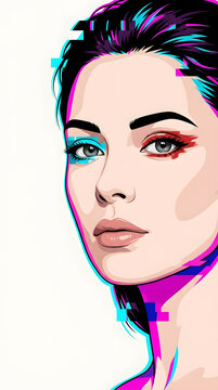 Glitchy Glam Bold Beauty Illustration with Cyan Red Makeup And Chromatic Outline, Copy Space and Vertical Composition