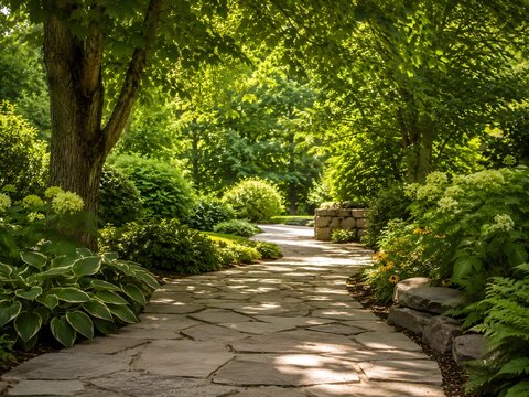 Empty garden path with soft dappled shade