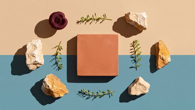 Terracotta square podium centered on a two-tone background surrounded by rough stones, green leaves, and a cosmetic jar.