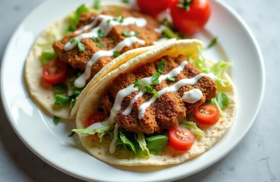 Crispy chicken tacos with fresh lettuce, cherry tomatoes served on white plate. Drizzled with creamy garlic sauce over fried meat pieces on flatbread. Delicious fast food meal ready for lunch dinner