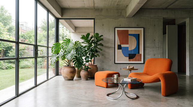 Modern luxury interior design with elegant home styling and premium furniture - Minimalist retro lounge with curved orange lounge