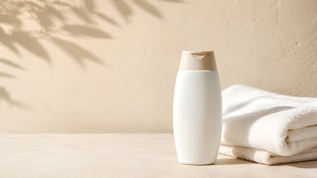 Folded towel with plain sunscreen bottle in soft light