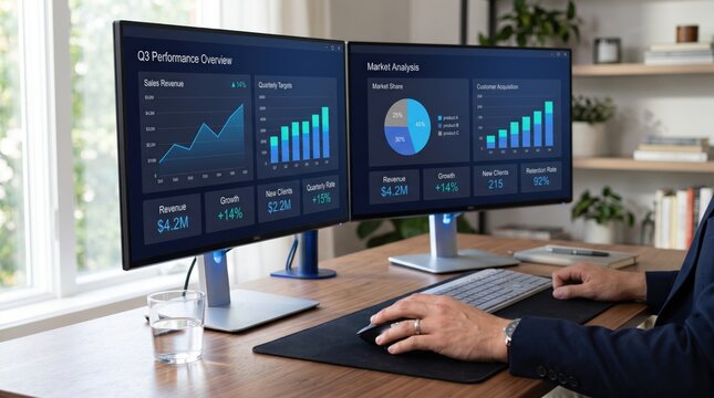 Dual monitor setup showing Q3 performance overview and market analysis dashboard with revenue growth customer acquisition metrics professional desk environment business