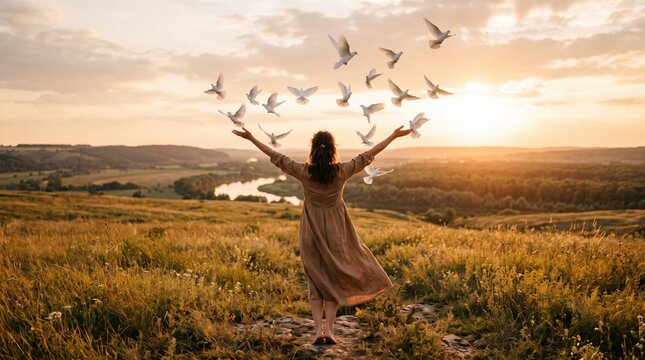 Woman releasing white doves into the sky at sunset, symbolizing freedom, peace, hope, and spiritual liberation in a serene natural landscape.