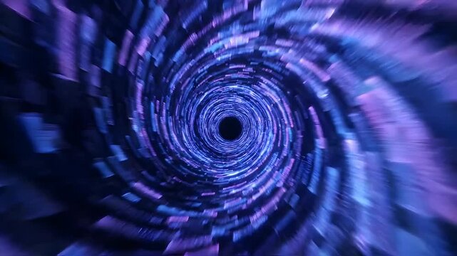 Abstract light trails spiraling inward in a dark tunnel with glowing neon motion blur