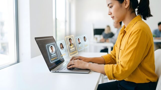 HR manager using digital recruiting software to select top talent from candidate profiles on laptop.