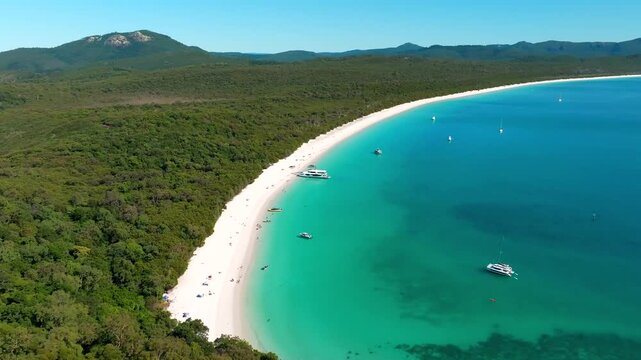 Aerial view of Whitehaven Beach with turquoise water and white sand surrounded by lush forest in Airlie Beach, Queensland, Australia.