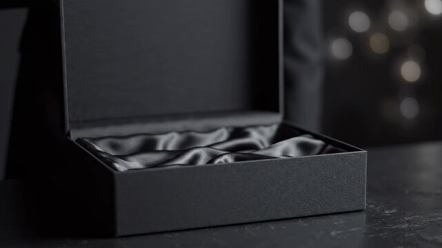 A close-up shot of a man's hands in a formal suit opening a sophisticated black gift box with a silk lining. Perfect for luxury, surprise, and special occasion themes.
