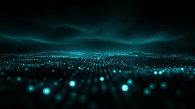 Abstract digital landscape with glowing blue-green spheres and wave patterns