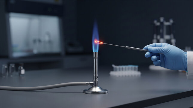 Gloved hand sterilizing tool over lab flame