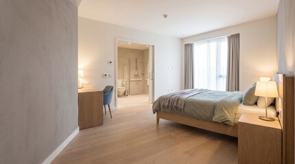 Fototapeta premium Modern accessible hotel room with spacious layout and neutral decor for inclusive travel