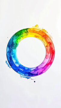 A vibrant watercolor circle painted in a spectrum of rainbow colors on a white background.