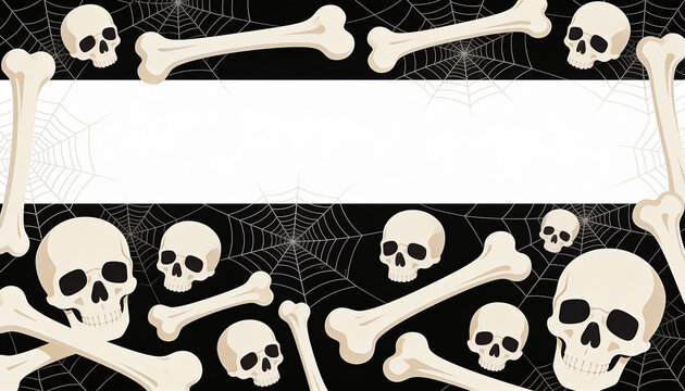 Spooky halloween skull border frame, Creepy skeleton bones web background, Gothic horror gothic party banner, Dark aesthetic poster copy space, Scary skull bone pattern layout.