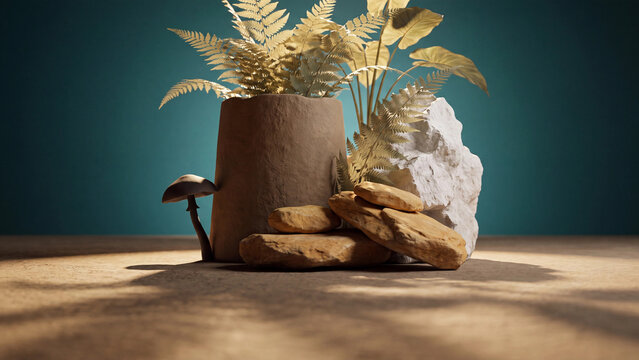 Pedestal surrounded by stacked flat stones, golden fern foliage, and a single brown mushroom on a beige surface with a teal wall background.