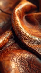 Obraz premium Close-up of rich, textured brown leather with dynamic folds and highlights.