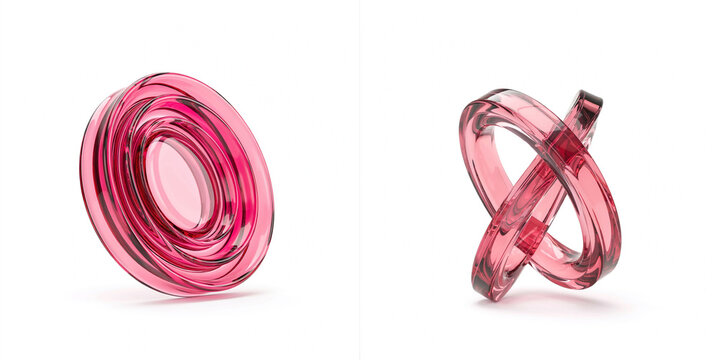 Two abstract sculptural made of translucent pink glass on white background