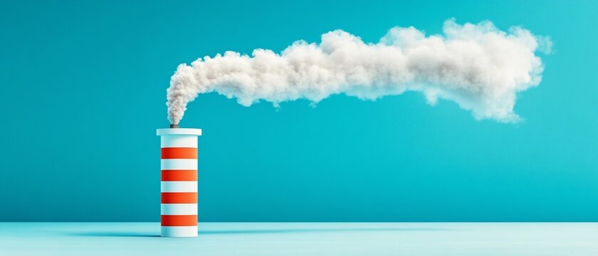 Chimney releasing fluffy white smoke into a blue background. Red and white structure