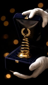 Golden spring trophy with laurel wreath presented in velvet case by gloved hands. Quirky scientific achievement award symbolizing humorous research, innovation and unexpected discovery.