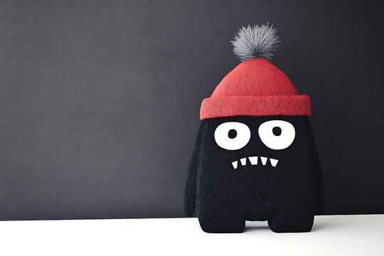 Whimsical black monster wearing a red hat