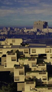 A stunning building with playful geometric design stands proudly in the foreground. Dusk casts a warm glow over the city, highlighting the lively atmosphere and distant attractions.