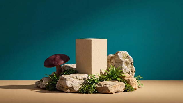 Rectangular block podium surrounded by rough stones, green foliage, and a mushroom against a solid teal wall for cosmetic display.
