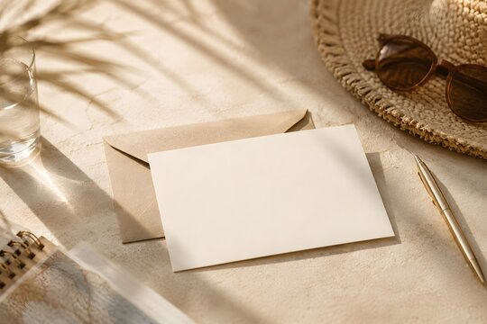 Blank postcard and envelope in warm late summer light