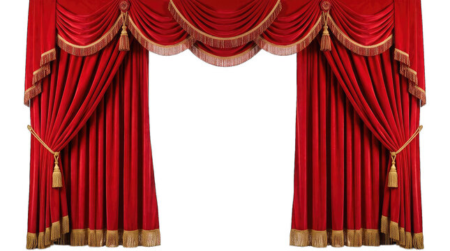 Elegant red stage curtains with gold trim isolated on a black background