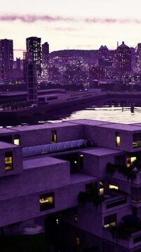 In a stunning urban landscape, modern buildings rise majestically under a colorful sunset. Soft lights illuminate the architectural marvels, creating a captivating view of the city.