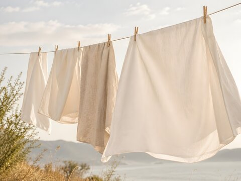 Plain fabric on outdoor laundry line in summer daylight