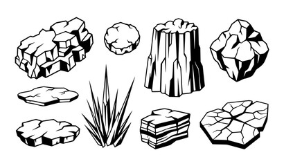 Fototapeta premium Black and White Ice Block Vector Set with Frozen Chunks Icy Cliffs Icebergs and Glacier Formations for Winter Nature Illustration Design