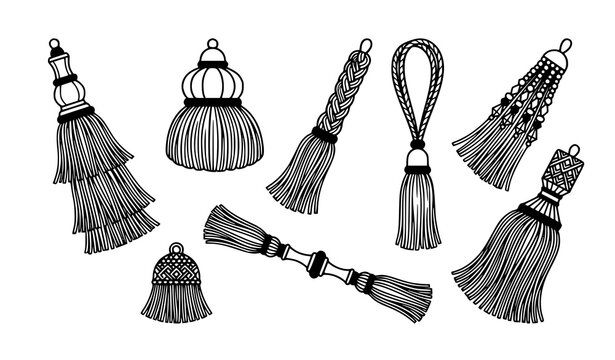 Black and White Ornamental Tassel Vector Set for Clothing Decoration with Decorative Fringes Cords and Textile Accessories for Fashion Design