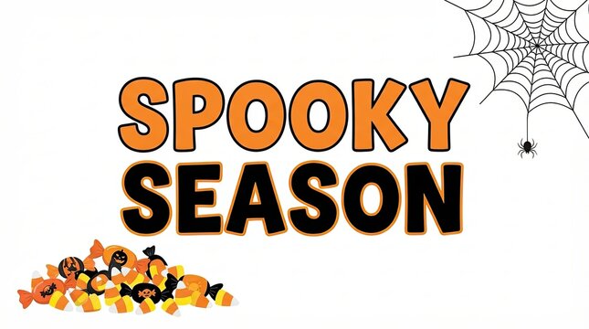 Spooky season text sign with spider web and pile of halloween candy