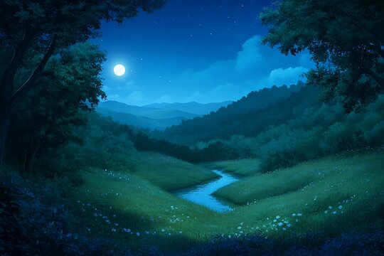 Serene nighttime landscape under the moonlight