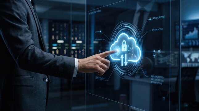 Man interacting with holographic cloud computing interface showing data encryption, upload and download symbols, representing secure cloud storage, server management and big data