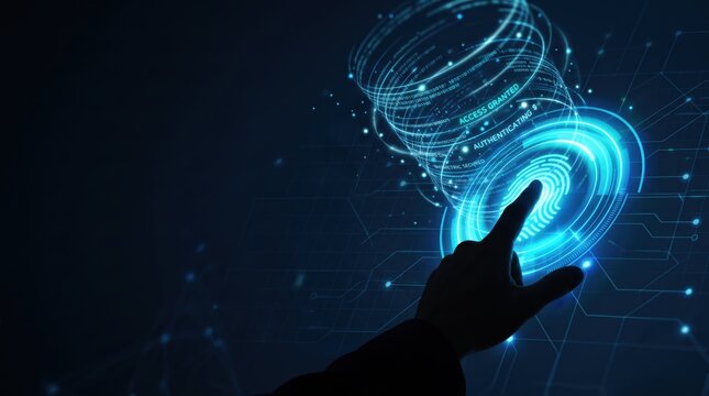 Close up of finger pressing on glowing blue fingerprint sensor for biometric authentication, access granted message displayed on digital interface, symbolizing high tech security