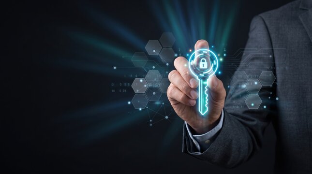 Digital key with lock icon in hand, access control solution, authentication process, cybersecurity password, login credential, user identity verification, secure gateway entry