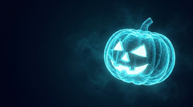 Holographic glowing wireframe halloween pumpkin with carved face digital illustration effect halloween hologram wireframe futuristic jackolantern animation
