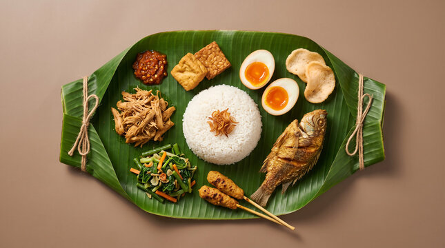 Traditional Indonesian Nasi Campur on banana leaf. Authentic Balinese food platter top view.