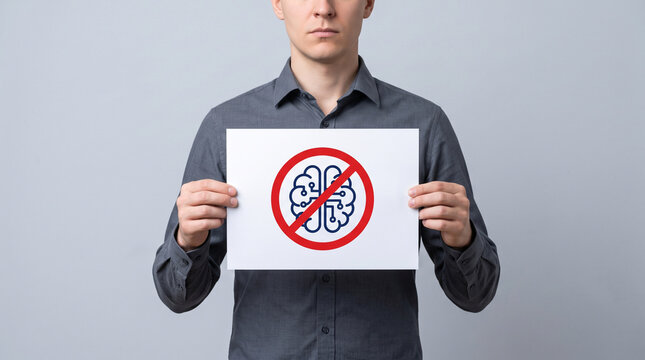 Man holding a sign with no brain icon. Concept of lack of intelligence or mental block.