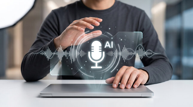 Person using AI voice recognition technology. Digital assistant interacting with sound waves.
