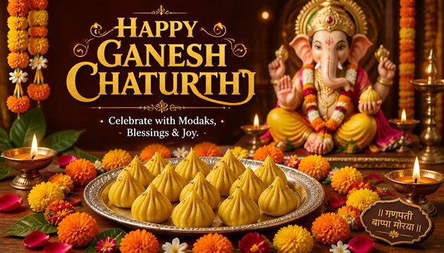Ganesh Chaturthi Festive Poster with Modak Sweets and Happy Ganesh Chaturthi Text