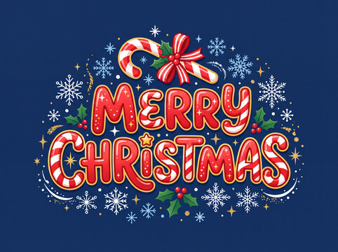 Merry Christmas Festive Red Typography Greeting Card Design with Candy Canes and Snowflakes