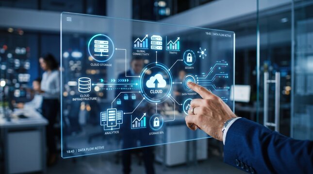 Business executive interacting with transparent cloud computing interface showing storage and analytics, representing global connectivity and secure data infrastructure