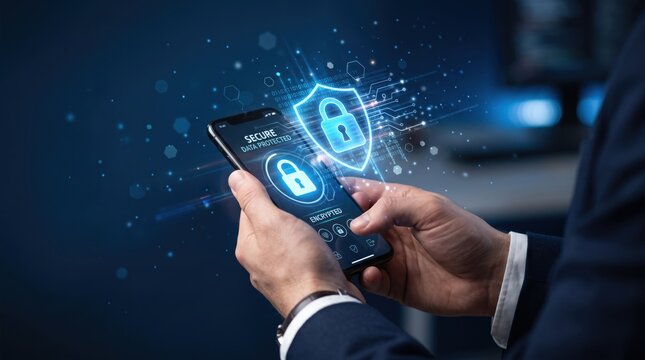 Cyber security, smartphone with holographic shield protecting data, encryption technology, digital privacy, secure mobile banking app, futuristic interface, network safety