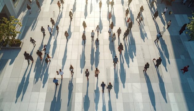 A crowd of people walk across a tiled plaza casting long shadows in the sunlight.