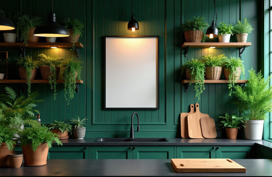 Modern dark green kitchen styled with many plants on wooden shelves. Mock-up frame hangs above sink. Countertop features cutting boards. Cozy nature interior.